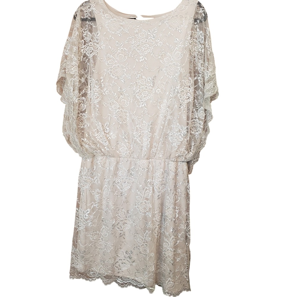 eci New York Womens‎ Metallic Floral Lace Flutter Sleeve Dress 12 Silver